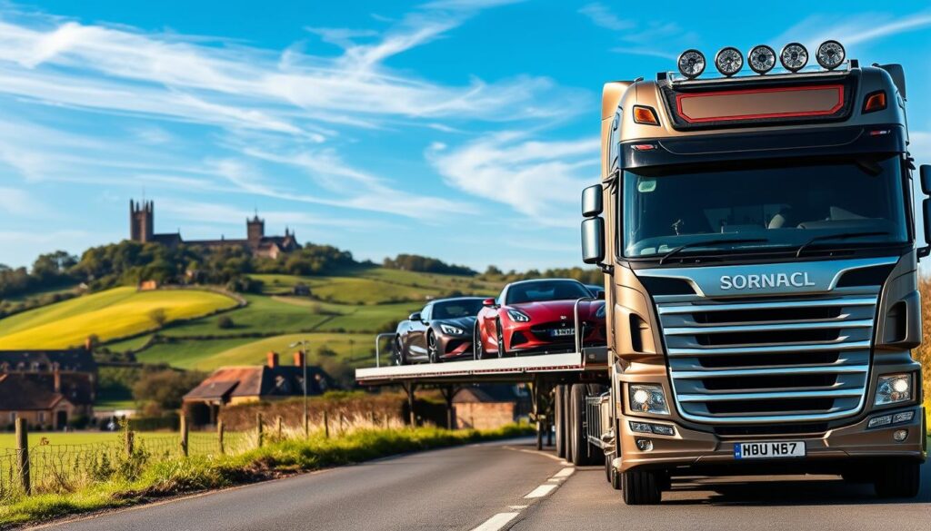 A well-lit, high-resolution photograph of a car transport truck on a scenic country road in Kent, England. The foreground features the imposing front of the truck, with its chrome grille and headlights, carefully transporting several premium cars on an enclosed trailer. The middle ground showcases the rolling green hills and picturesque English countryside, dotted with quaint villages and historic landmarks. The background is a clear, blue sky with wispy clouds, creating a sense of tranquility and serene atmosphere. The composition is balanced, with the truck positioned slightly off-center, allowing for the beautiful landscape to be prominently featured. The image conveys the reliable and secure nature of car shipping and auto transport services in the Kent region. A well-lit, high-resolution photograph of a car transport truck on a scenic country road in Kent, England. The foreground features the imposing front of the truck, with its chrome grille and headlights, carefully transporting several premium cars on an enclosed trailer. The middle ground showcases the rolling green hills and picturesque English countryside, dotted with quaint villages and historic landmarks. The background is a clear, blue sky with wispy clouds, creating a sense of tranquility and serene atmosphere. The composition is balanced, with the truck positioned slightly off-center, allowing for the beautiful landscape to be prominently featured. The image conveys the reliable and secure nature of car shipping and auto transport services in the Kent region.