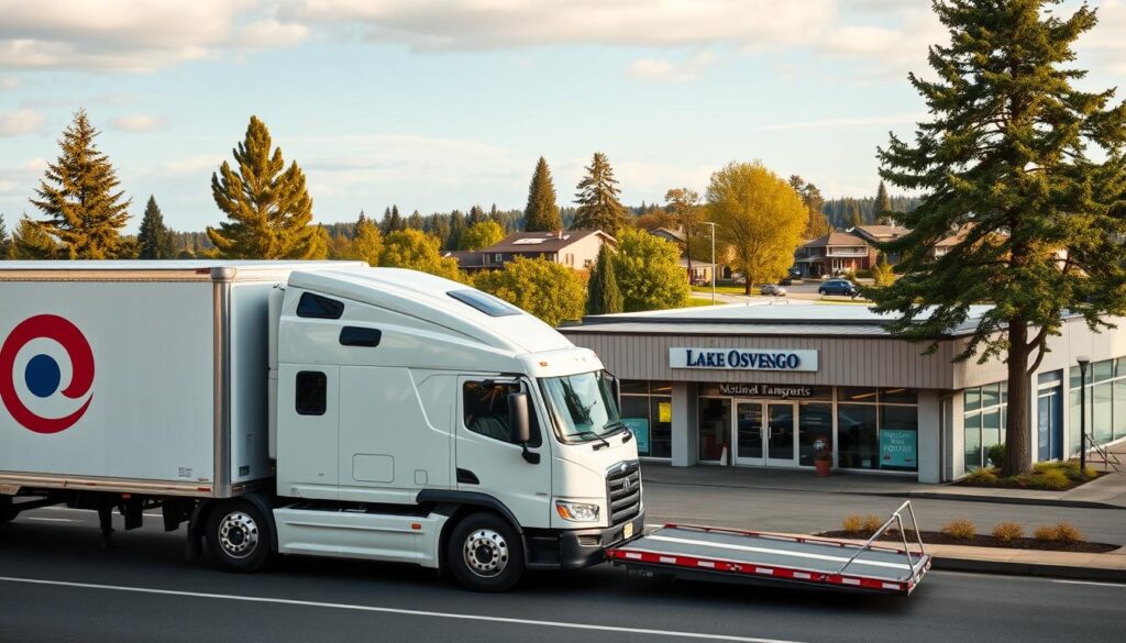 A well-lit, high-resolution photograph of a local auto transport service in the heart of Lake Oswego, Oregon. The foreground shows a modern, neatly-kept auto transport truck with the company's logo prominently displayed. In the middle ground, the facility's storefront is visible, with its signage and branding clearly legible. The background features the picturesque lakeside scenery of Lake Oswego, with trees, buildings, and the tranquil waters of the lake creating a serene, inviting atmosphere. The lighting is natural and soft, highlighting the professionalism and trustworthiness of the local auto transport service. The overall composition conveys a sense of reliability, expertise, and dedication to the community. A well-lit, high-resolution photograph of a local auto transport service in the heart of Lake Oswego, Oregon. The foreground shows a modern, neatly-kept auto transport truck with the company's logo prominently displayed. In the middle ground, the facility's storefront is visible, with its signage and branding clearly legible. The background features the picturesque lakeside scenery of Lake Oswego, with trees, buildings, and the tranquil waters of the lake creating a serene, inviting atmosphere. The lighting is natural and soft, highlighting the professionalism and trustworthiness of the local auto transport service. The overall composition conveys a sense of reliability, expertise, and dedication to the community.