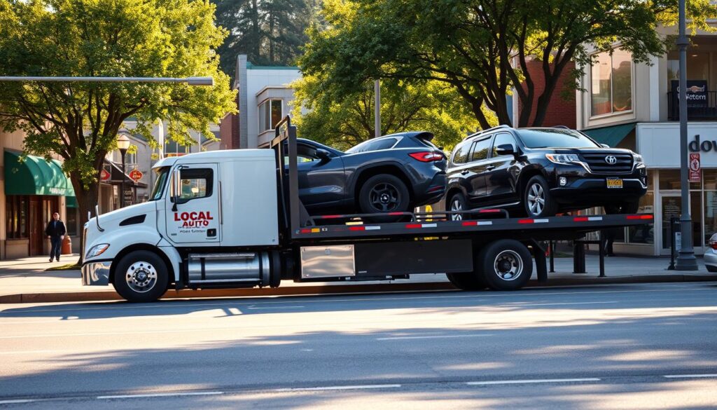A well-lit, high-resolution photograph of a local auto transport truck hauling several vehicles on a flatbed trailer, seen from a low angle on a busy street in Stayton, OR. The truck is clean and well-maintained, with the company's logo prominently displayed. The surrounding environment is vibrant, with a mix of commercial and residential buildings, trees, and pedestrians, conveying a sense of a thriving, close-knit community. The lighting is soft and natural, creating warm shadows and highlights that accentuate the details of the vehicles and the truck. The composition is balanced, with the truck positioned slightly off-center to draw the eye towards the local business's name on the side of the vehicle. A well-lit, high-resolution photograph of a local auto transport truck hauling several vehicles on a flatbed trailer, seen from a low angle on a busy street in Stayton, OR. The truck is clean and well-maintained, with the company's logo prominently displayed. The surrounding environment is vibrant, with a mix of commercial and residential buildings, trees, and pedestrians, conveying a sense of a thriving, close-knit community. The lighting is soft and natural, creating warm shadows and highlights that accentuate the details of the vehicles and the truck. The composition is balanced, with the truck positioned slightly off-center to draw the eye towards the local business's name on the side of the vehicle.