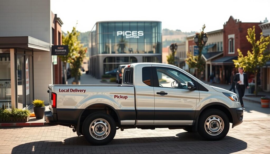 A well-lit, high-resolution photograph of a local pickup truck in the foreground, parked on a paved driveway or loading area. The truck should have a prominent "Local Delivery" or "Pickup" branding on its side panels. In the middle ground, a modern, glass-fronted commercial building or warehouse with signage indicating a shipping or logistics center. The background should feature a scenic, small-town main street with quaint storefronts, trees, and pedestrians, conveying a sense of community and accessibility. The overall lighting should be bright and natural, creating a welcoming, neighborhood feel. The camera angle should be slightly elevated to capture the full scene in an inviting, eye-level perspective. A well-lit, high-resolution photograph of a local pickup truck in the foreground, parked on a paved driveway or loading area. The truck should have a prominent "Local Delivery" or "Pickup" branding on its side panels. In the middle ground, a modern, glass-fronted commercial building or warehouse with signage indicating a shipping or logistics center. The background should feature a scenic, small-town main street with quaint storefronts, trees, and pedestrians, conveying a sense of community and accessibility. The overall lighting should be bright and natural, creating a welcoming, neighborhood feel. The camera angle should be slightly elevated to capture the full scene in an inviting, eye-level perspective.