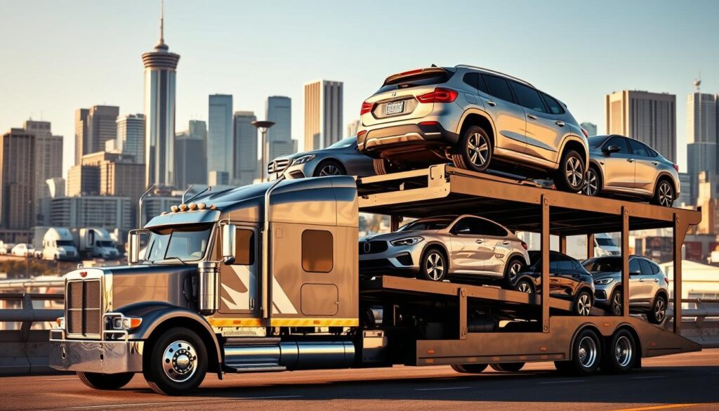 A well-lit, high-resolution photograph of a modern auto transport truck transporting several vehicles, showcased against the backdrop of a bustling city skyline in Federal Way, Washington. The truck is positioned in the foreground, its chrome-trimmed exterior gleaming in the sunlight. In the middle ground, a mix of sedans, SUVs, and pickup trucks are securely fastened to the transport's multiple levels. The background features the iconic architecture and skyscrapers of Federal Way, conveying a sense of professionalism and reliability in the auto transport services offered in the region. The overall mood is one of efficiency, precision, and trust, reflecting the expertise of the auto transport provider. A well-lit, high-resolution photograph of a modern auto transport truck transporting several vehicles, showcased against the backdrop of a bustling city skyline in Federal Way, Washington. The truck is positioned in the foreground, its chrome-trimmed exterior gleaming in the sunlight. In the middle ground, a mix of sedans, SUVs, and pickup trucks are securely fastened to the transport's multiple levels. The background features the iconic architecture and skyscrapers of Federal Way, conveying a sense of professionalism and reliability in the auto transport services offered in the region. The overall mood is one of efficiency, precision, and trust, reflecting the expertise of the auto transport provider.
