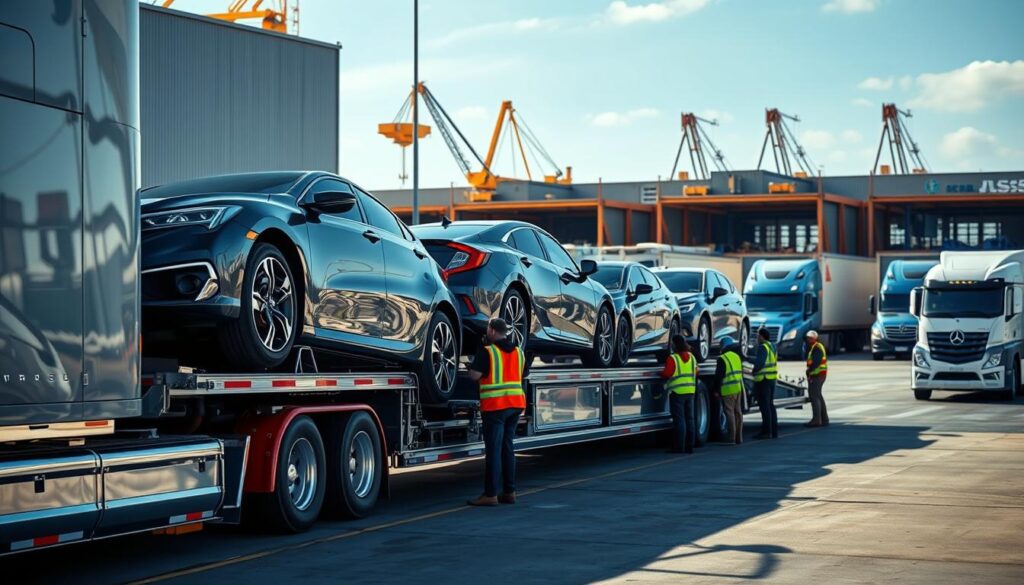 A well-lit, high-resolution photograph of a modern car shipping and auto transport operation. In the foreground, a large semi-truck trailer is loaded with several gleaming, freshly washed cars of various makes and models. The trailer's sleek, aerodynamic design and bright chrome accents catch the light, creating a sense of dynamism and efficiency. In the middle ground, workers in safety vests expertly secure the vehicles, their movements precise and choreographed. The background features a bustling logistics hub, with cranes, loading docks, and other transport vehicles creating a sense of organized activity. The overall scene conveys the reliability, professionalism, and attention to detail that defines the Powell car shipping and auto transport services. A well-lit, high-resolution photograph of a modern car shipping and auto transport operation. In the foreground, a large semi-truck trailer is loaded with several gleaming, freshly washed cars of various makes and models. The trailer's sleek, aerodynamic design and bright chrome accents catch the light, creating a sense of dynamism and efficiency. In the middle ground, workers in safety vests expertly secure the vehicles, their movements precise and choreographed. The background features a bustling logistics hub, with cranes, loading docks, and other transport vehicles creating a sense of organized activity. The overall scene conveys the reliability, professionalism, and attention to detail that defines the Powell car shipping and auto transport services.