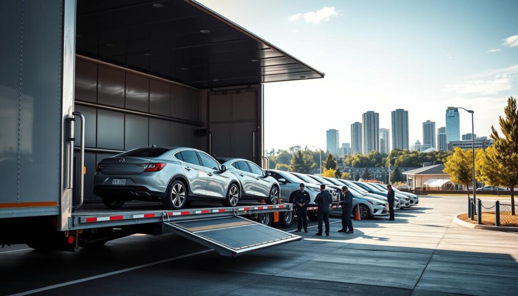 A well-lit, high-resolution scene of a modern car carrier transport truck delivering a fleet of brand-new vehicles to a dealership in Kennewick, Washington. The truck's trailer is in the foreground, its door raised to reveal the shiny, freshly-washed cars inside. In the middle ground, a team of attentive delivery workers inspects each vehicle as it is carefully unloaded. In the background, the Kennewick cityscape provides an urban setting, with towering skyscrapers and lush greenery. The overall mood is one of professionalism, efficiency, and the reliable transportation of valuable cargo to its final destination. A well-lit, high-resolution scene of a modern car carrier transport truck delivering a fleet of brand-new vehicles to a dealership in Kennewick, Washington. The truck's trailer is in the foreground, its door raised to reveal the shiny, freshly-washed cars inside. In the middle ground, a team of attentive delivery workers inspects each vehicle as it is carefully unloaded. In the background, the Kennewick cityscape provides an urban setting, with towering skyscrapers and lush greenery. The overall mood is one of professionalism, efficiency, and the reliable transportation of valuable cargo to its final destination.