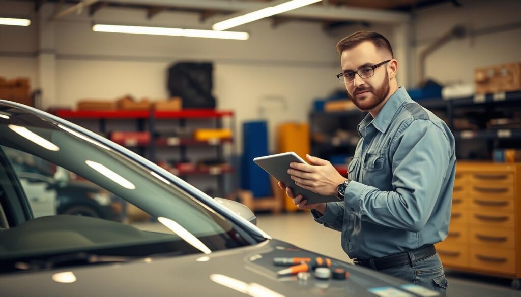 A well-lit indoor garage setting, with a car positioned prominently in the center. The vehicle is being inspected by a uniformed technician, using a tablet and various tools. The garage has a clean, organized atmosphere, with shelves of parts and equipment visible in the background. Warm, neutral lighting casts a professional, authoritative tone. The technician's focused expression conveys the importance of a thorough, careful inspection. The car's exterior and interior are clearly visible, allowing the viewer to imagine the process of preparing the vehicle for pickup. A well-lit indoor garage setting, with a car positioned prominently in the center. The vehicle is being inspected by a uniformed technician, using a tablet and various tools. The garage has a clean, organized atmosphere, with shelves of parts and equipment visible in the background. Warm, neutral lighting casts a professional, authoritative tone. The technician's focused expression conveys the importance of a thorough, careful inspection. The car's exterior and interior are clearly visible, allowing the viewer to imagine the process of preparing the vehicle for pickup.