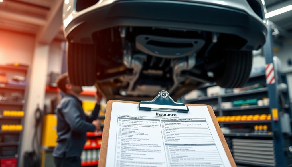 A well-lit interior of a car service station, with a mechanic inspecting the undercarriage of a vehicle on a lift. In the foreground, a clipboard displaying insurance documents, policies, and inspection checklists. The background features shelves of automotive parts and tools, creating a sense of a professional, well-equipped workspace. The lighting is warm and inviting, casting a soft glow on the scene, conveying a sense of trust and reliability in the service being provided. A well-lit interior of a car service station, with a mechanic inspecting the undercarriage of a vehicle on a lift. In the foreground, a clipboard displaying insurance documents, policies, and inspection checklists. The background features shelves of automotive parts and tools, creating a sense of a professional, well-equipped workspace. The lighting is warm and inviting, casting a soft glow on the scene, conveying a sense of trust and reliability in the service being provided.