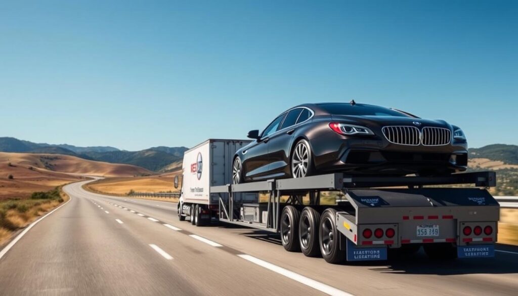 A well-lit, meticulously detailed auto transport truck transporting a gleaming, luxurious sedan on a highway with rolling hills and a clear blue sky in the background. The truck's exterior has a sleek, modern design with a prominent company logo. The car is positioned prominently on the trailer, showcasing its elegant lines and high-end features. The scene conveys a sense of professionalism, reliability, and attention to detail, reflecting the trusted car shipping services in Mountlake Terrace, WA.