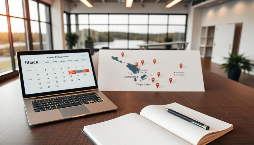 A well-lit, modern office space with an expansive desk, a calendar prominently displayed, and a laptop showing a scheduling app. In the foreground, an open notebook and a pen, hinting at the process of coordinating pickup times. The middle ground features a map of the Ithaca region, with pins marking various pickup locations. The background showcases large windows overlooking the Finger Lakes, creating a serene, professional atmosphere. Warm lighting and a neutral color palette convey a sense of efficiency and organization, reflecting the reliable car shipping services offered in this region. A well-lit, modern office space with an expansive desk, a calendar prominently displayed, and a laptop showing a scheduling app. In the foreground, an open notebook and a pen, hinting at the process of coordinating pickup times. The middle ground features a map of the Ithaca region, with pins marking various pickup locations. The background showcases large windows overlooking the Finger Lakes, creating a serene, professional atmosphere. Warm lighting and a neutral color palette convey a sense of efficiency and organization, reflecting the reliable car shipping services offered in this region.