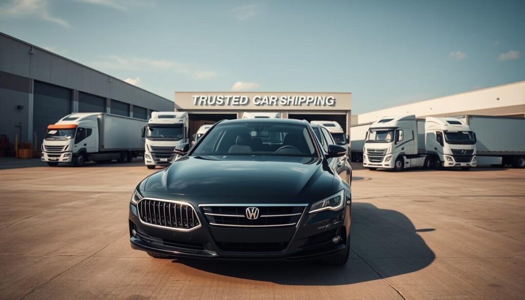 A well-lit outdoor scene showcasing trusted car shipping services in Afton. In the foreground, a gleaming, newly-delivered car is parked on a clean, paved lot, surrounded by professional auto transport trucks in the middle ground. In the background, modern warehouses and shipping facilities with prominent "Trusted Car Shipping" signage create an atmosphere of reliability and expertise. The lighting is soft and natural, emphasizing the pristine condition of the vehicles. The camera angle is slightly elevated, lending an air of authority and professionalism to the scene. A well-lit outdoor scene showcasing trusted car shipping services in Afton. In the foreground, a gleaming, newly-delivered car is parked on a clean, paved lot, surrounded by professional auto transport trucks in the middle ground. In the background, modern warehouses and shipping facilities with prominent "Trusted Car Shipping" signage create an atmosphere of reliability and expertise. The lighting is soft and natural, emphasizing the pristine condition of the vehicles. The camera angle is slightly elevated, lending an air of authority and professionalism to the scene.