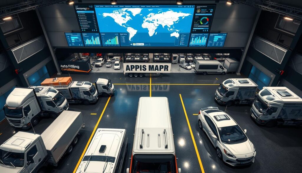 A well-lit overhead view of a logistics hub, showcasing a fleet of vehicles in real-time tracking. The foreground features an array of delivery trucks, cargo vans, and luxury sedans, each equipped with GPS tracking sensors and antennae. In the middle ground, a large digital dashboard displays live route optimization, delivery status updates, and vehicle locations on a detailed map. The background depicts a modern, interconnected command center, with technicians monitoring the operations from a bank of high-resolution displays. The scene conveys a sense of efficiency, precision, and technological prowess, reflecting the reliable and comprehensive auto transport services offered in Gresham. A well-lit overhead view of a logistics hub, showcasing a fleet of vehicles in real-time tracking. The foreground features an array of delivery trucks, cargo vans, and luxury sedans, each equipped with GPS tracking sensors and antennae. In the middle ground, a large digital dashboard displays live route optimization, delivery status updates, and vehicle locations on a detailed map. The background depicts a modern, interconnected command center, with technicians monitoring the operations from a bank of high-resolution displays. The scene conveys a sense of efficiency, precision, and technological prowess, reflecting the reliable and comprehensive auto transport services offered in Gresham.