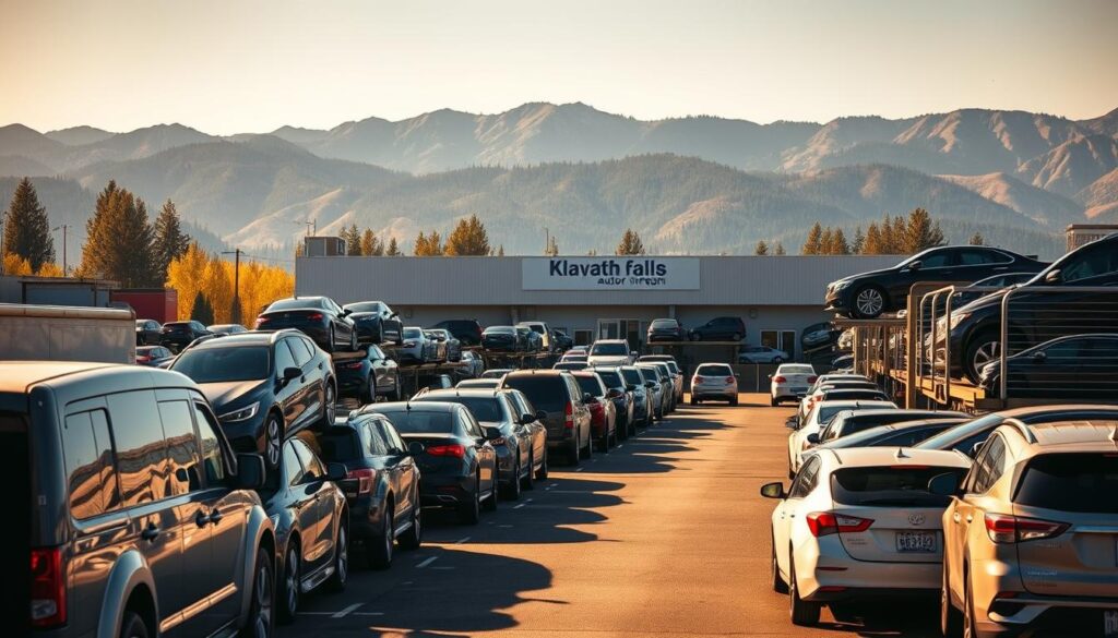 A well-lit, panoramic view of a busy auto transport lot in Klamath Falls, Oregon. In the foreground, various makes and models of cars are securely loaded onto large carrier trucks, with their drivers overseeing the process. The middle ground features a well-maintained facility with a prominent signage, conveying a sense of reliability and professionalism. The background showcases the majestic Cascade mountain range, providing a picturesque backdrop that evokes the natural beauty of the region. The scene is bathed in warm, golden sunlight, creating a welcoming and trustworthy atmosphere for the local drivers seeking dependable car shipping services. A well-lit, panoramic view of a busy auto transport lot in Klamath Falls, Oregon. In the foreground, various makes and models of cars are securely loaded onto large carrier trucks, with their drivers overseeing the process. The middle ground features a well-maintained facility with a prominent signage, conveying a sense of reliability and professionalism. The background showcases the majestic Cascade mountain range, providing a picturesque backdrop that evokes the natural beauty of the region. The scene is bathed in warm, golden sunlight, creating a welcoming and trustworthy atmosphere for the local drivers seeking dependable car shipping services.