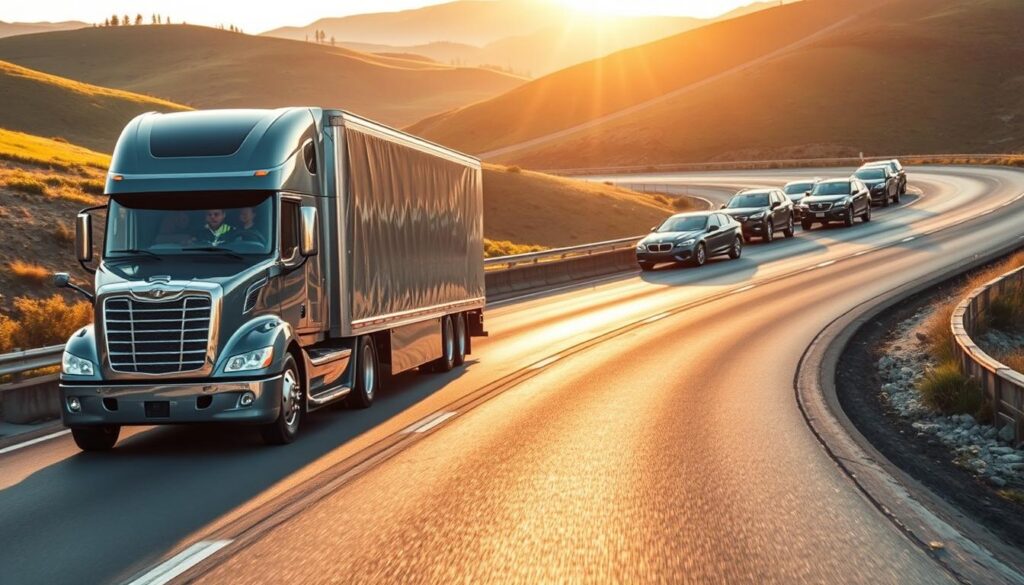 A well-lit, panoramic view of a modern car transport truck on a winding highway, its trailer filled with a diverse array of vehicles, from sedans to SUVs. The truck's chrome grille and reflective side panels gleam in the warm afternoon sunlight, casting long shadows across the smooth asphalt. In the middle ground, the truck's driver, dressed in a crisp uniform, carefully navigates the curves, ensuring a safe and efficient journey. In the background, the lush, rolling hills of Hillsboro, Oregon, provide a serene and picturesque backdrop, emphasizing the care and attention to detail that goes into every trusted car shipping service in the region.