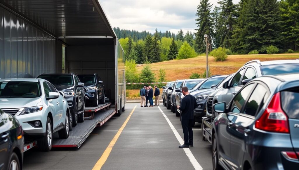 A well-lit parking lot showcases a fleet of shiny, freshly washed cars, ready for transport. In the foreground, a car carrier truck, its spacious interior and sturdy ramps ready to load the vehicles with care. In the middle ground, a team of experienced auto transport professionals meticulously inspect each car, ensuring secure and damage-free delivery. The background features the lush, verdant landscape of Selah, Washington, setting the scene for a reliable and trustworthy car shipping service catering to the needs of local residents and movers. A well-lit parking lot showcases a fleet of shiny, freshly washed cars, ready for transport. In the foreground, a car carrier truck, its spacious interior and sturdy ramps ready to load the vehicles with care. In the middle ground, a team of experienced auto transport professionals meticulously inspect each car, ensuring secure and damage-free delivery. The background features the lush, verdant landscape of Selah, Washington, setting the scene for a reliable and trustworthy car shipping service catering to the needs of local residents and movers.
