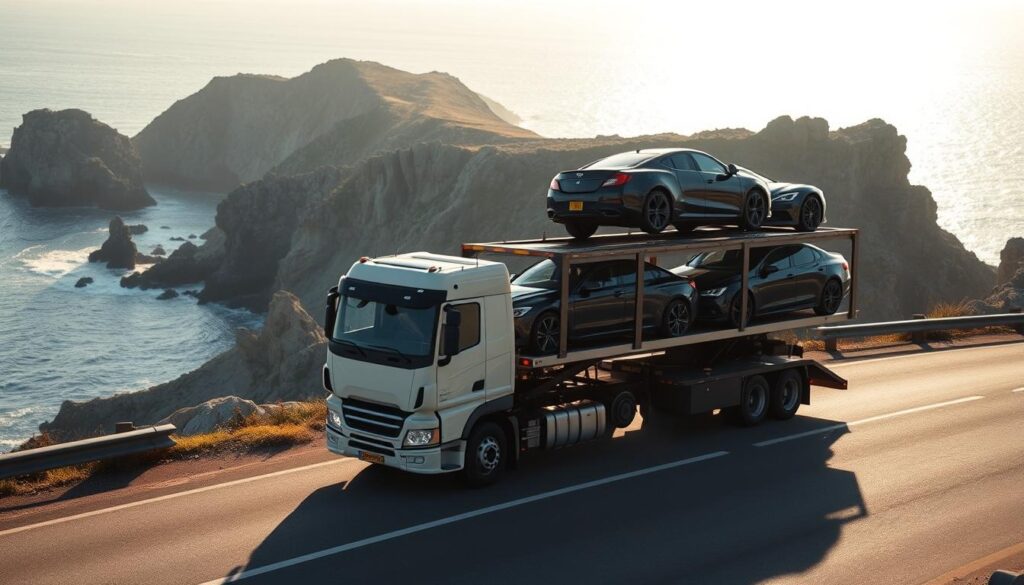A well-lit, photorealistic image of a car transport truck in the foreground, carrying multiple vehicles on its flatbed. The truck is positioned on a winding coastal road, with rocky cliffs and a serene ocean backdrop. Gentle sunlight illuminates the scene, casting warm shadows and highlights on the vehicles and truck. The composition emphasizes the scale and power of the transport, conveying a sense of professionalism and reliability in the car shipping industry. The overall mood is one of efficiency, safety, and attention to detail in the car shipping process. A well-lit, photorealistic image of a car transport truck in the foreground, carrying multiple vehicles on its flatbed. The truck is positioned on a winding coastal road, with rocky cliffs and a serene ocean backdrop. Gentle sunlight illuminates the scene, casting warm shadows and highlights on the vehicles and truck. The composition emphasizes the scale and power of the transport, conveying a sense of professionalism and reliability in the car shipping industry. The overall mood is one of efficiency, safety, and attention to detail in the car shipping process.