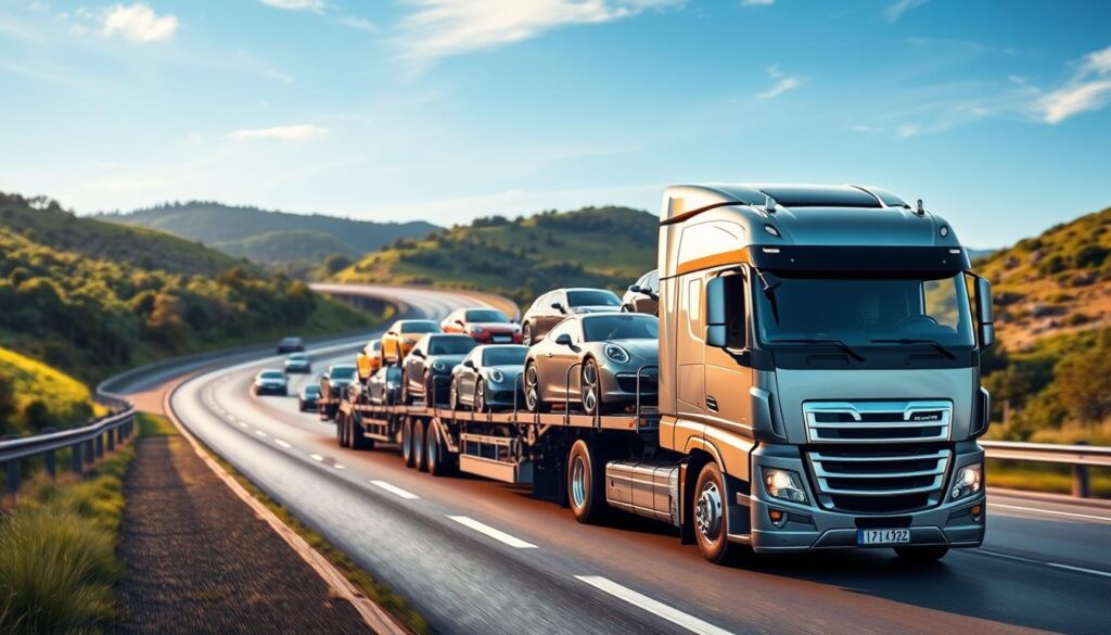 A well-lit, photorealistic image of a modern car carrier truck transporting a diverse fleet of vehicles on the highway. The truck is in the foreground, its sleek lines and metallic finish gleaming under the soft, warm lighting. In the middle ground, rows of various car models - sedans, SUVs, and sports cars - are securely loaded onto the carrier, their shapes and colors distinct. The background features a scenic highway winding through lush, verdant hills, with a clear blue sky overhead. The overall scene conveys a sense of efficiency, reliability, and professionalism in the car shipping industry. A well-lit, photorealistic image of a modern car carrier truck transporting a diverse fleet of vehicles on the highway. The truck is in the foreground, its sleek lines and metallic finish gleaming under the soft, warm lighting. In the middle ground, rows of various car models - sedans, SUVs, and sports cars - are securely loaded onto the carrier, their shapes and colors distinct. The background features a scenic highway winding through lush, verdant hills, with a clear blue sky overhead. The overall scene conveys a sense of efficiency, reliability, and professionalism in the car shipping industry.