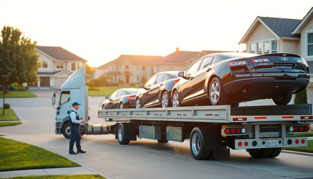 A well-lit, realistic scene of a door-to-door vehicle transport service. In the foreground, a large flatbed truck is parked in a suburban driveway, its bed loaded with multiple cars securely strapped down. The driver, wearing a company uniform, is speaking with a homeowner. In the middle ground, the neighborhood is visible, with neatly trimmed lawns and well-maintained homes. The background features a clear sky with soft, warm lighting, creating a welcoming, professional atmosphere. The overall composition emphasizes the reliable and affordable nature of the car shipping service. A well-lit, realistic scene of a door-to-door vehicle transport service. In the foreground, a large flatbed truck is parked in a suburban driveway, its bed loaded with multiple cars securely strapped down. The driver, wearing a company uniform, is speaking with a homeowner. In the middle ground, the neighborhood is visible, with neatly trimmed lawns and well-maintained homes. The background features a clear sky with soft, warm lighting, creating a welcoming, professional atmosphere. The overall composition emphasizes the reliable and affordable nature of the car shipping service.