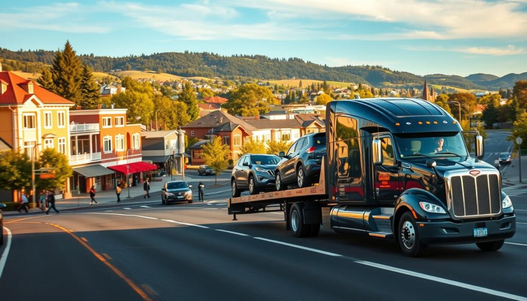 A well-lit, realistic scene of an auto transport truck navigating the streets of Tualatin, Oregon. The truck is sleek and modern, carrying multiple vehicles on its sturdy flatbed. In the foreground, the truck's driver is carefully maneuvering through traffic, maintaining a constant speed and safe following distance. The middle ground features the diverse architecture and lush greenery of the Tualatin cityscape, with pedestrians and other vehicles sharing the road harmoniously. The background showcases the picturesque natural landscape, with rolling hills and a clear, blue sky overhead, conveying a sense of tranquility and reliability. The overall scene exudes professionalism, efficiency, and a commitment to transparent communication with customers. A well-lit, realistic scene of an auto transport truck navigating the streets of Tualatin, Oregon. The truck is sleek and modern, carrying multiple vehicles on its sturdy flatbed. In the foreground, the truck's driver is carefully maneuvering through traffic, maintaining a constant speed and safe following distance. The middle ground features the diverse architecture and lush greenery of the Tualatin cityscape, with pedestrians and other vehicles sharing the road harmoniously. The background showcases the picturesque natural landscape, with rolling hills and a clear, blue sky overhead, conveying a sense of tranquility and reliability. The overall scene exudes professionalism, efficiency, and a commitment to transparent communication with customers.