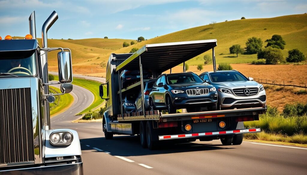 A well-lit, realistic scene of an auto transport truck securely hauling multiple cars on a smooth, winding country road. The foreground features the front end of the large transport truck, its chrome grille and headlights gleaming. In the middle ground, the truck's cargo bed holds several sedans and SUVs, each secured with sturdy tie-down straps. The background showcases a picturesque rural landscape with rolling hills, lush greenery, and a clear blue sky. The scene conveys a sense of professionalism, safety, and reliable vehicle transportation. A well-lit, realistic scene of an auto transport truck securely hauling multiple cars on a smooth, winding country road. The foreground features the front end of the large transport truck, its chrome grille and headlights gleaming. In the middle ground, the truck's cargo bed holds several sedans and SUVs, each secured with sturdy tie-down straps. The background showcases a picturesque rural landscape with rolling hills, lush greenery, and a clear blue sky. The scene conveys a sense of professionalism, safety, and reliable vehicle transportation.