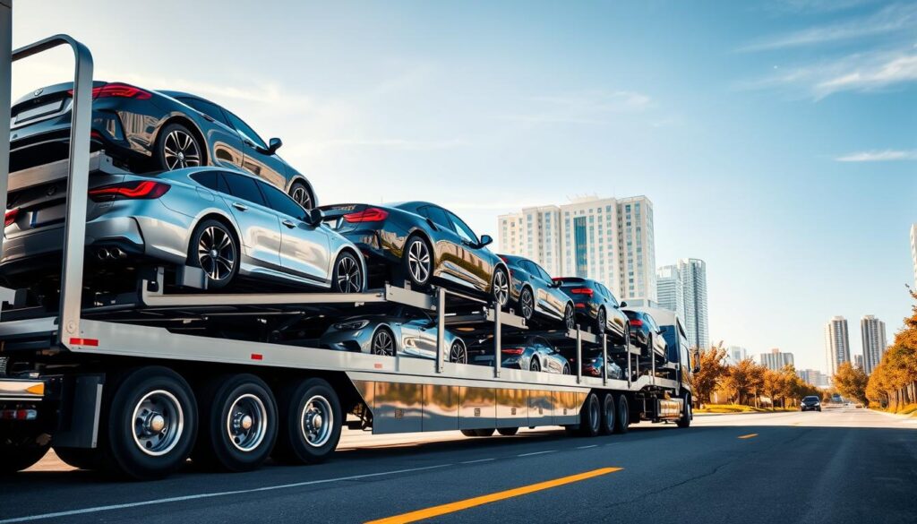A well-lit scene depicting a modern auto transport service. In the foreground, a sleek car carrier truck with multiple levels for transporting multiple vehicles. The truck is positioned on a smooth asphalt surface, with the wheels and suspension details clearly visible. In the middle ground, several cars of different makes and models are being loaded onto the carrier, showcased in a variety of angles to highlight the efficiency of the loading process. The background features a clean, urban landscape with tall buildings, trees, and a clear blue sky, conveying a sense of professionalism and reliability. The lighting is warm and natural, creating a welcoming and trustworthy atmosphere. A well-lit scene depicting a modern auto transport service. In the foreground, a sleek car carrier truck with multiple levels for transporting multiple vehicles. The truck is positioned on a smooth asphalt surface, with the wheels and suspension details clearly visible. In the middle ground, several cars of different makes and models are being loaded onto the carrier, showcased in a variety of angles to highlight the efficiency of the loading process. The background features a clean, urban landscape with tall buildings, trees, and a clear blue sky, conveying a sense of professionalism and reliability. The lighting is warm and natural, creating a welcoming and trustworthy atmosphere.