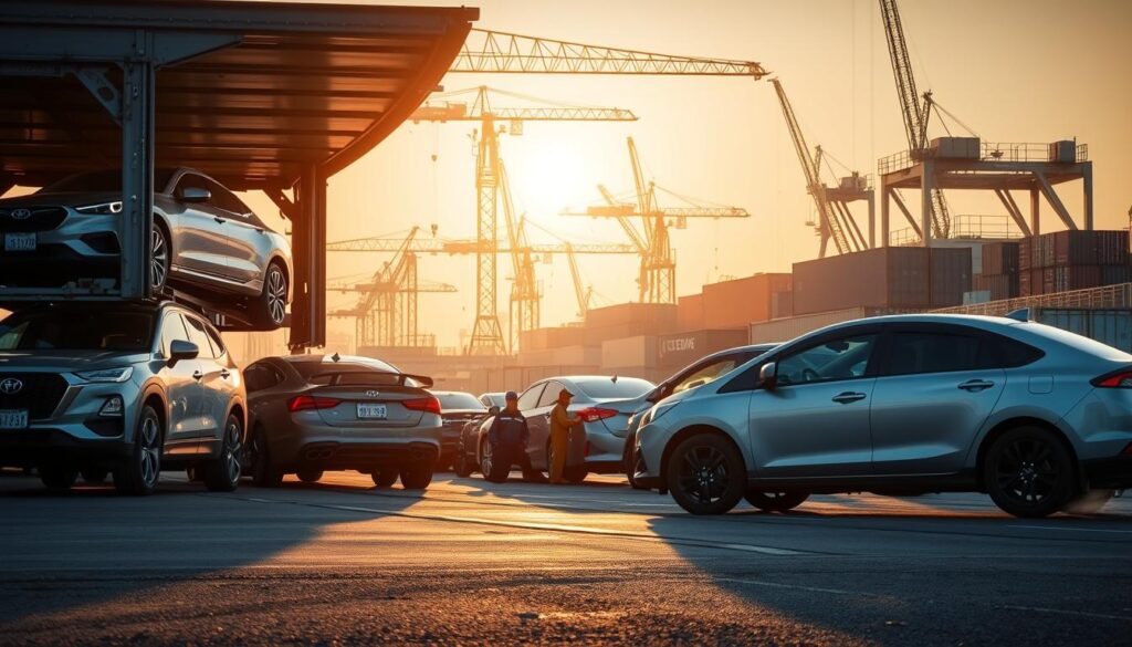 A well-lit scene of a bustling car shipping yard in Oregon City, with a foreground of several cars being loaded onto an auto transport carrier. In the middle ground, a team of workers efficiently securing the vehicles, while in the background, towering cranes and storage containers create an industrial, yet organized atmosphere. The lighting is soft and warm, with the sun casting gentle shadows across the scene. The camera angle is slightly elevated, capturing the scale and efficiency of the car shipping operation. The overall mood is one of professionalism and reliability, reflecting the high-quality services offered by the Oregon City auto transport company. A well-lit scene of a bustling car shipping yard in Oregon City, with a foreground of several cars being loaded onto an auto transport carrier. In the middle ground, a team of workers efficiently securing the vehicles, while in the background, towering cranes and storage containers create an industrial, yet organized atmosphere. The lighting is soft and warm, with the sun casting gentle shadows across the scene. The camera angle is slightly elevated, capturing the scale and efficiency of the car shipping operation. The overall mood is one of professionalism and reliability, reflecting the high-quality services offered by the Oregon City auto transport company.