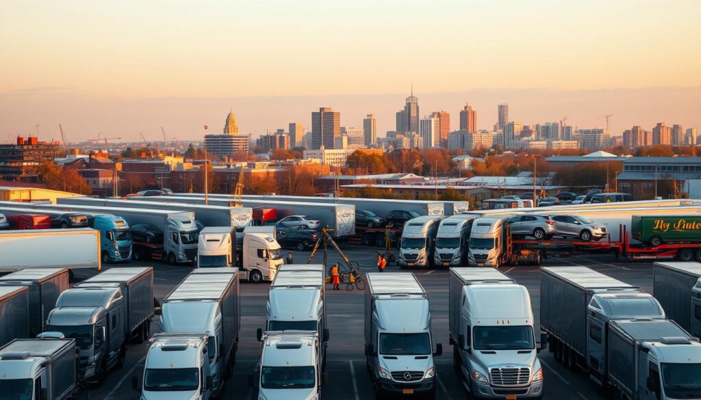 A well-lit scene of a busy vehicle transport lot in Upton, with a fleet of car carriers and semi-trucks neatly arranged in the foreground. In the middle ground, workers diligently load and secure vehicles onto the carriers. The background features the skyline of Upton, with a mix of modern and historic buildings, under a warm, golden-hour sky. The overall atmosphere conveys a sense of efficiency, professionalism, and the reliable car shipping services offered in this bustling transportation hub. A well-lit scene of a busy vehicle transport lot in Upton, with a fleet of car carriers and semi-trucks neatly arranged in the foreground. In the middle ground, workers diligently load and secure vehicles onto the carriers. The background features the skyline of Upton, with a mix of modern and historic buildings, under a warm, golden-hour sky. The overall atmosphere conveys a sense of efficiency, professionalism, and the reliable car shipping services offered in this bustling transportation hub.