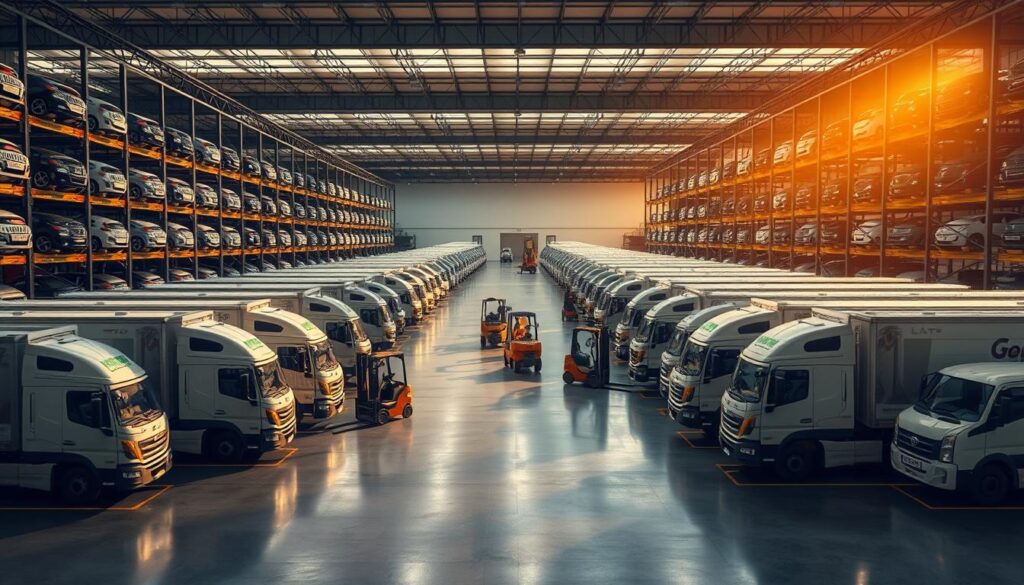 A well-lit warehouse interior with rows of neatly organized vehicles awaiting delivery. In the foreground, a group of delivery trucks, their logos prominently displayed, are being loaded with cars. In the middle ground, forklifts and workers coordinate the efficient loading and unloading of vehicles. The background features a vast expanse of open floor space, with tall shelves and racking systems storing additional cars. Warm, directional lighting casts long shadows, creating a sense of depth and scale. The overall scene conveys a sense of order, professionalism, and the efficient transport of automobiles. A well-lit warehouse interior with rows of neatly organized vehicles awaiting delivery. In the foreground, a group of delivery trucks, their logos prominently displayed, are being loaded with cars. In the middle ground, forklifts and workers coordinate the efficient loading and unloading of vehicles. The background features a vast expanse of open floor space, with tall shelves and racking systems storing additional cars. Warm, directional lighting casts long shadows, creating a sense of depth and scale. The overall scene conveys a sense of order, professionalism, and the efficient transport of automobiles.