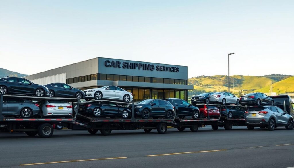 A well-lit, wide-angle photograph of a reputable car shipping facility in Grants Pass, Oregon. The foreground features a fleet of sturdy transport trucks, their beds loaded with a diverse array of automobiles, from compact sedans to SUVs. The middle ground showcases the facility's modern, well-maintained exterior, with a prominent "Car Shipping Services" sign. The background captures the scenic Rogue Valley landscape, with lush green hills and a clear, blue sky. The overall mood conveys a sense of reliability, efficiency, and attention to detail in the car shipping services offered at this location. A well-lit, wide-angle photograph of a reputable car shipping facility in Grants Pass, Oregon. The foreground features a fleet of sturdy transport trucks, their beds loaded with a diverse array of automobiles, from compact sedans to SUVs. The middle ground showcases the facility's modern, well-maintained exterior, with a prominent "Car Shipping Services" sign. The background captures the scenic Rogue Valley landscape, with lush green hills and a clear, blue sky. The overall mood conveys a sense of reliability, efficiency, and attention to detail in the car shipping services offered at this location.