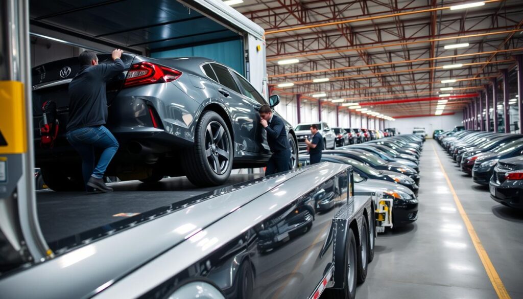 A well-lit, wide-angle shot of a professional car shipping service facility. In the foreground, a shiny sedan is carefully loaded onto a multi-car hauler trailer, its glossy paint reflecting the bright overhead lighting. In the middle ground, a team of uniformed workers efficiently secure the vehicle, using specialized equipment and techniques. The background showcases rows of various makes and models of cars, all neatly arranged and ready for transport. The scene conveys a sense of organization, expertise, and a commitment to safely and reliably moving vehicles from one location to another. A well-lit, wide-angle shot of a professional car shipping service facility. In the foreground, a shiny sedan is carefully loaded onto a multi-car hauler trailer, its glossy paint reflecting the bright overhead lighting. In the middle ground, a team of uniformed workers efficiently secure the vehicle, using specialized equipment and techniques. The background showcases rows of various makes and models of cars, all neatly arranged and ready for transport. The scene conveys a sense of organization, expertise, and a commitment to safely and reliably moving vehicles from one location to another.