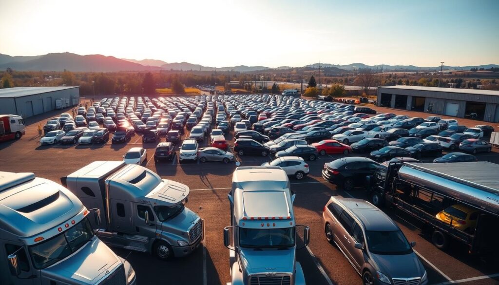 A well-lit, wide-angle view of a bustling car shipping facility in Keizer, Oregon. In the foreground, a fleet of sturdy, well-maintained car hauler trucks are parked, their chrome and steel gleaming in the afternoon sun. The middle ground features a large, neatly organized storage yard filled with a diverse array of vehicles, ranging from sedans to SUVs, awaiting transport. In the background, the Cascade foothills provide a picturesque natural backdrop, hinting at the region's easy accessibility and convenient location. The scene conveys a sense of efficiency, professionalism, and local expertise in the Keizer auto transport industry. A well-lit, wide-angle view of a bustling car shipping facility in Keizer, Oregon. In the foreground, a fleet of sturdy, well-maintained car hauler trucks are parked, their chrome and steel gleaming in the afternoon sun. The middle ground features a large, neatly organized storage yard filled with a diverse array of vehicles, ranging from sedans to SUVs, awaiting transport. In the background, the Cascade foothills provide a picturesque natural backdrop, hinting at the region's easy accessibility and convenient location. The scene conveys a sense of efficiency, professionalism, and local expertise in the Keizer auto transport industry.
