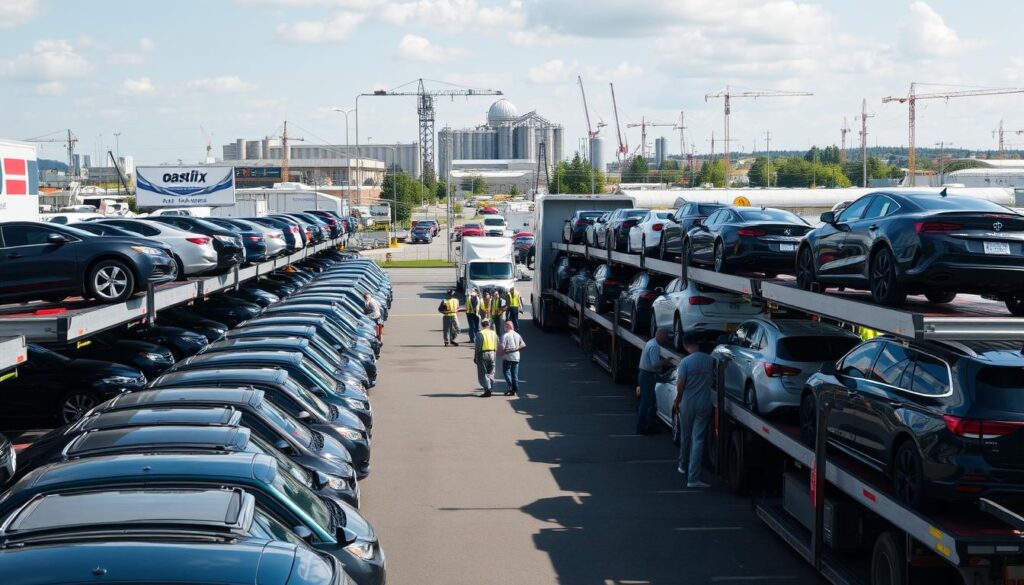 A well-lit, wide-angle view of a busy car shipping and auto transport lot in McMinnville. In the foreground, multiple car carriers stand loaded with a diverse array of vehicles, from sleek sedans to rugged SUVs. The middle ground features a team of skilled workers meticulously inspecting and loading the cars, their actions choreographed with precision. In the background, the bustling McMinnville cityscape provides a dynamic backdrop, with towering silos and cranes hinting at the scale of the operation. The scene conveys a sense of efficiency, professionalism, and the importance of reliable car shipping and auto transport services to the local community. A well-lit, wide-angle view of a busy car shipping and auto transport lot in McMinnville. In the foreground, multiple car carriers stand loaded with a diverse array of vehicles, from sleek sedans to rugged SUVs. The middle ground features a team of skilled workers meticulously inspecting and loading the cars, their actions choreographed with precision. In the background, the bustling McMinnville cityscape provides a dynamic backdrop, with towering silos and cranes hinting at the scale of the operation. The scene conveys a sense of efficiency, professionalism, and the importance of reliable car shipping and auto transport services to the local community.