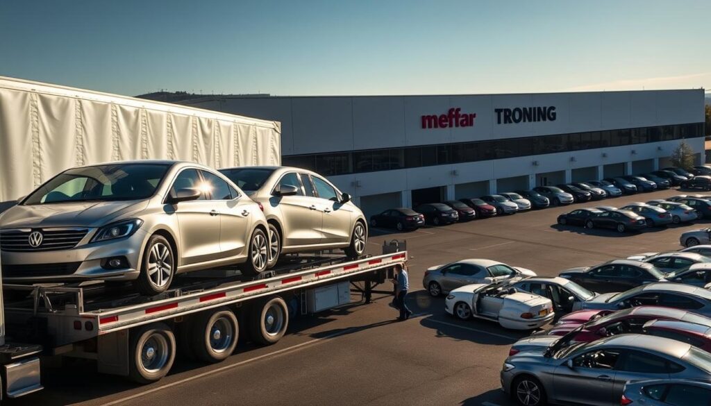 A well-lit, wide-angle view of a commercial car shipping facility in Bend, Oregon. In the foreground, a large semi-truck trailer loaded with several compact and mid-size cars, their gleaming paint and chrome details reflecting the sunlight. In the middle ground, a team of efficient workers diligently loading and securing the vehicles. The background features a modern, streamlined warehouse building with prominent signage, surrounded by a neatly organized lot filled with rows of cars awaiting transportation. The scene conveys a sense of professionalism, safety, and reliability in the car shipping and auto transport industry. A well-lit, wide-angle view of a commercial car shipping facility in Bend, Oregon. In the foreground, a large semi-truck trailer loaded with several compact and mid-size cars, their gleaming paint and chrome details reflecting the sunlight. In the middle ground, a team of efficient workers diligently loading and securing the vehicles. The background features a modern, streamlined warehouse building with prominent signage, surrounded by a neatly organized lot filled with rows of cars awaiting transportation. The scene conveys a sense of professionalism, safety, and reliability in the car shipping and auto transport industry.