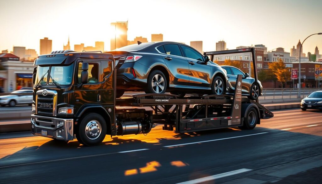 A well-maintained and reliable car transporter navigates the bustling streets of Portland, OR, its sturdy frame and expertly-secured cargo conveying a sense of trust and professionalism. The vehicle's sleek, modern design casts dynamic shadows under the warm, golden-hour sunlight, while the city's iconic landmarks loom in the distance, creating a picturesque urban backdrop. The transport's driver, with an expression of focused determination, expertly maneuvers the rig, exemplifying the high-quality service promised by Best Car Shipping Inc. The scene evokes a feeling of safety, efficiency, and the unwavering commitment to delivering vehicles with the utmost care. A well-maintained and reliable car transporter navigates the bustling streets of Portland, OR, its sturdy frame and expertly-secured cargo conveying a sense of trust and professionalism. The vehicle's sleek, modern design casts dynamic shadows under the warm, golden-hour sunlight, while the city's iconic landmarks loom in the distance, creating a picturesque urban backdrop. The transport's driver, with an expression of focused determination, expertly maneuvers the rig, exemplifying the high-quality service promised by Best Car Shipping Inc. The scene evokes a feeling of safety, efficiency, and the unwavering commitment to delivering vehicles with the utmost care.