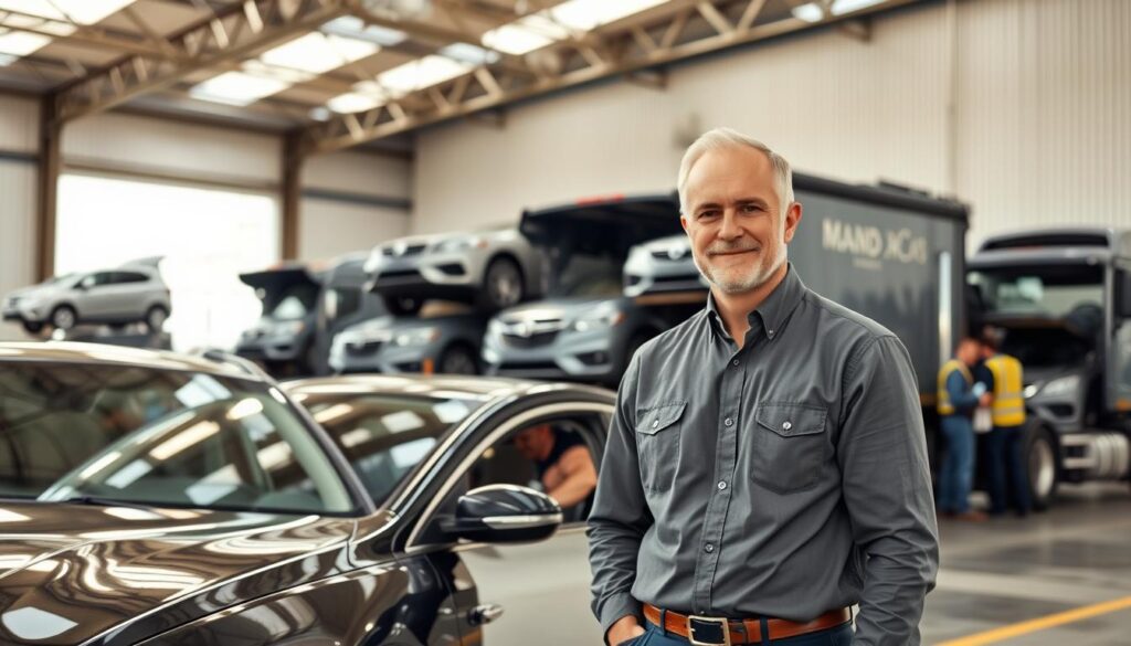 A well-maintained auto transport company with a fleet of sturdy trucks, led by a team of seasoned veterans. In the foreground, a confident business owner stands beside a gleaming car, exuding professionalism and expertise. The middle ground showcases a selection of vehicles being carefully loaded onto the transport trucks, with the drivers meticulously securing each car. In the background, a modern, efficient warehouse facility serves as the company's headquarters, conveying a sense of reliability and attention to detail. The scene is illuminated by warm, natural lighting, creating a welcoming and trustworthy atmosphere. A well-maintained auto transport company with a fleet of sturdy trucks, led by a team of seasoned veterans. In the foreground, a confident business owner stands beside a gleaming car, exuding professionalism and expertise. The middle ground showcases a selection of vehicles being carefully loaded onto the transport trucks, with the drivers meticulously securing each car. In the background, a modern, efficient warehouse facility serves as the company's headquarters, conveying a sense of reliability and attention to detail. The scene is illuminated by warm, natural lighting, creating a welcoming and trustworthy atmosphere.