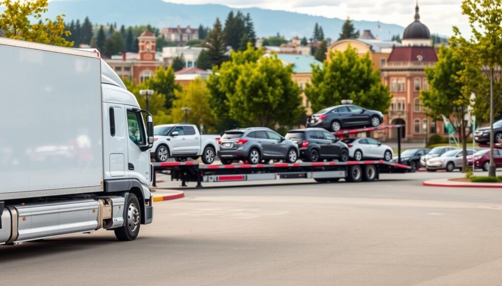 A well-maintained car carrier truck stands prominently in the foreground, its sleek design and pristine exterior exuding professionalism. In the middle ground, a row of diverse vehicles, representing the range of autos that can be safely transported, are securely loaded onto the carrier. The background showcases the vibrant cityscape of Eugene, Oregon, with its tree-lined streets and distinctive architecture, conveying a sense of reliability and trust in the local auto transport services. The scene is illuminated by warm, natural lighting, creating a welcoming and trustworthy atmosphere, perfectly capturing the essence of "Trusted Eugene Auto Transport Overview." A well-maintained car carrier truck stands prominently in the foreground, its sleek design and pristine exterior exuding professionalism. In the middle ground, a row of diverse vehicles, representing the range of autos that can be safely transported, are securely loaded onto the carrier. The background showcases the vibrant cityscape of Eugene, Oregon, with its tree-lined streets and distinctive architecture, conveying a sense of reliability and trust in the local auto transport services. The scene is illuminated by warm, natural lighting, creating a welcoming and trustworthy atmosphere, perfectly capturing the essence of "Trusted Eugene Auto Transport Overview."