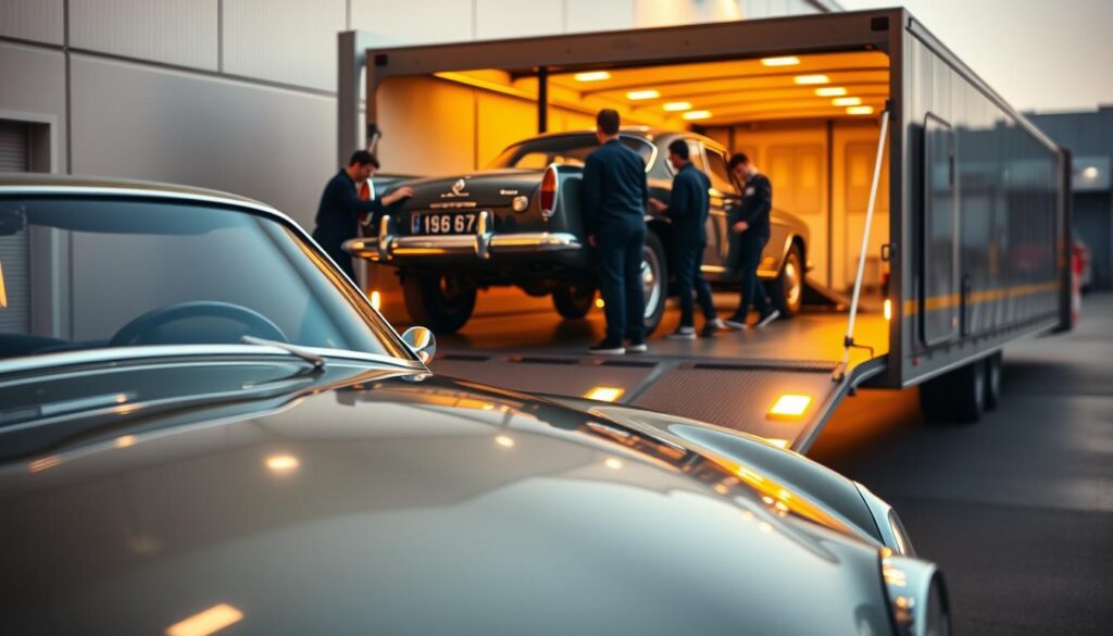 A well-maintained classic car sits prominently in the foreground, its glossy exterior gleaming under warm, diffused lighting. In the middle ground, a team of experienced car shipping professionals carefully load the vehicle onto a specialized transport trailer, their coordinated movements showcasing the precision and care they bring to every delivery. The background depicts a modern logistics facility, its clean lines and organized layout conveying a sense of reliability and efficiency. The overall scene exudes an atmosphere of trustworthiness, professionalism, and a commitment to safely transporting prized automobiles. A well-maintained classic car sits prominently in the foreground, its glossy exterior gleaming under warm, diffused lighting. In the middle ground, a team of experienced car shipping professionals carefully load the vehicle onto a specialized transport trailer, their coordinated movements showcasing the precision and care they bring to every delivery. The background depicts a modern logistics facility, its clean lines and organized layout conveying a sense of reliability and efficiency. The overall scene exudes an atmosphere of trustworthiness, professionalism, and a commitment to safely transporting prized automobiles.