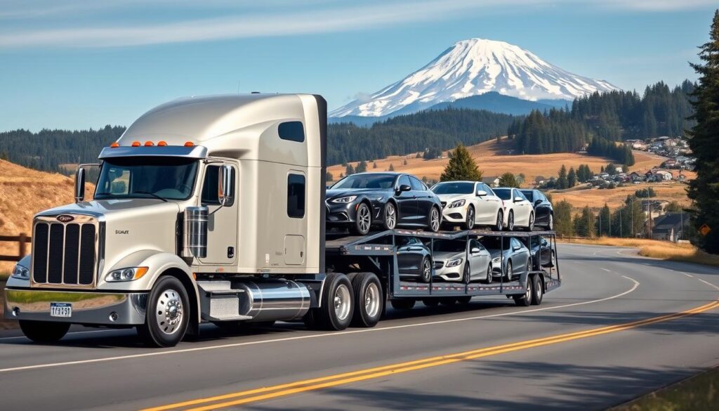 A well-maintained, late-model semi-truck with a car-hauling trailer gently navigates the winding roads of Troutdale, Oregon. The truck's gleaming chrome and fresh paint reflect the sunlight, giving it a sense of pride and professionalism. In the middle ground, the trailer is loaded with a diverse array of vehicles, including sedans, SUVs, and luxury models, all secured with care. The background features the picturesque scenery of Troutdale, with the majestic Mt. Hood towering in the distance. The scene conveys a sense of trust, reliability, and attention to detail, perfectly capturing the essence of "Trusted vehicle transport in Troutdale, OR with secure, timely delivery." A well-maintained, late-model semi-truck with a car-hauling trailer gently navigates the winding roads of Troutdale, Oregon. The truck's gleaming chrome and fresh paint reflect the sunlight, giving it a sense of pride and professionalism. In the middle ground, the trailer is loaded with a diverse array of vehicles, including sedans, SUVs, and luxury models, all secured with care. The background features the picturesque scenery of Troutdale, with the majestic Mt. Hood towering in the distance. The scene conveys a sense of trust, reliability, and attention to detail, perfectly capturing the essence of "Trusted vehicle transport in Troutdale, OR with secure, timely delivery."