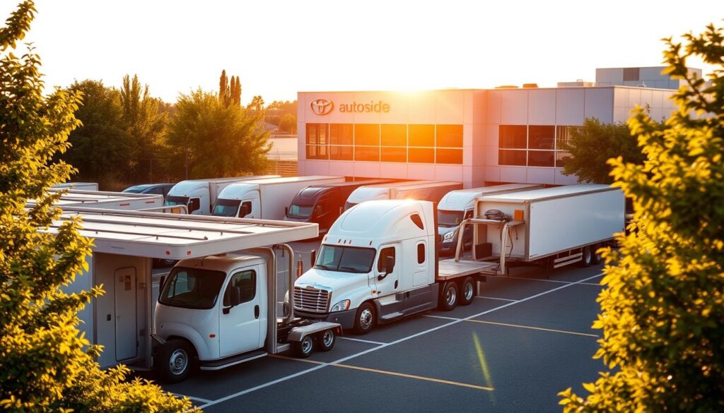 A well-maintained, modern auto transport company lot in Sunnyside, with several car carriers parked in the foreground. In the middle ground, a fleet of well-branded, reliable transport trucks ready for dispatch. The background features the company's headquarters, a sleek, contemporary building with signage prominently displayed. The scene is bathed in warm, golden afternoon sunlight, creating a sense of professionalism and trustworthiness. The composition is balanced, with the transport vehicles and building framed by lush greenery, suggesting a commitment to environmental responsibility. An overall atmosphere of efficiency, dependability, and customer-focused service. A well-maintained, modern auto transport company lot in Sunnyside, with several car carriers parked in the foreground. In the middle ground, a fleet of well-branded, reliable transport trucks ready for dispatch. The background features the company's headquarters, a sleek, contemporary building with signage prominently displayed. The scene is bathed in warm, golden afternoon sunlight, creating a sense of professionalism and trustworthiness. The composition is balanced, with the transport vehicles and building framed by lush greenery, suggesting a commitment to environmental responsibility. An overall atmosphere of efficiency, dependability, and customer-focused service.