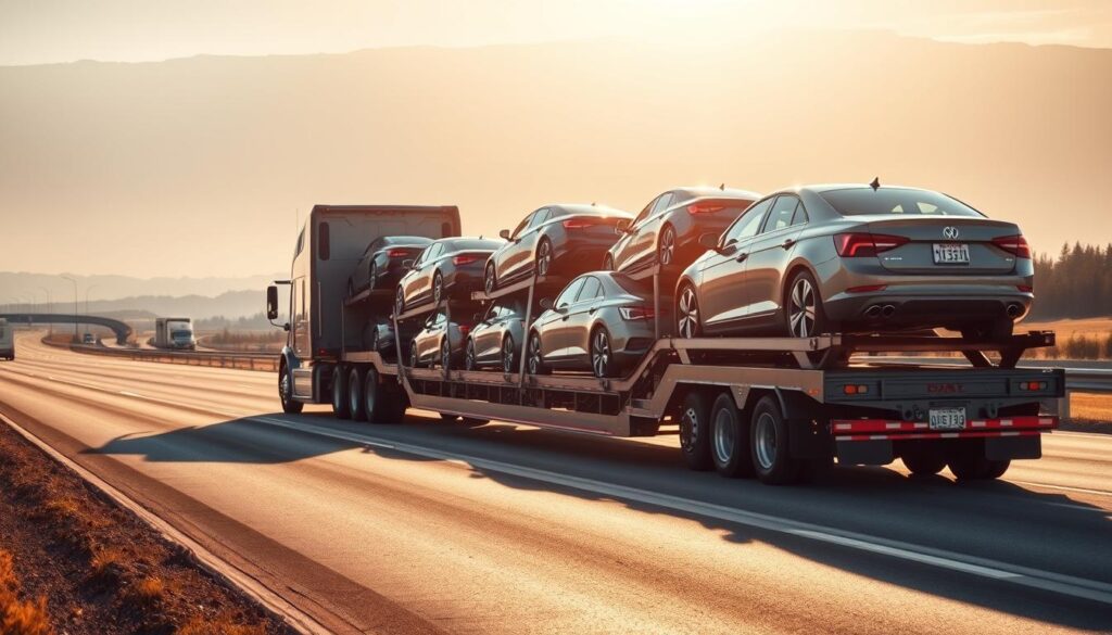 A well-maintained, modern semi-truck with a sleek, aerodynamic design transports a fleet of shiny, freshly-washed cars on an enclosed car carrier trailer. The scene is illuminated by warm, golden sunlight, casting a soft glow over the vehicles. The pavement is smooth and free of debris, with the highway stretching out in the distance, suggesting a safe and efficient journey. The mood is one of professionalism, reliability, and attention to detail, conveying the trustworthiness of the West Richland vehicle transport service. A well-maintained, modern semi-truck with a sleek, aerodynamic design transports a fleet of shiny, freshly-washed cars on an enclosed car carrier trailer. The scene is illuminated by warm, golden sunlight, casting a soft glow over the vehicles. The pavement is smooth and free of debris, with the highway stretching out in the distance, suggesting a safe and efficient journey. The mood is one of professionalism, reliability, and attention to detail, conveying the trustworthiness of the West Richland vehicle transport service.