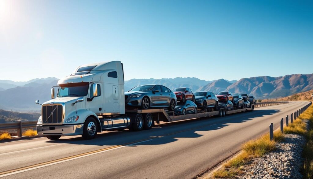 A well-maintained semi-truck hauling a fleet of gleaming, brand-new cars on a smooth, winding highway amidst a backdrop of picturesque mountains and a clear blue sky. The truck's cab features the logo of a reputable car shipping company, conveying a sense of professionalism and reliability. Sunlight casts a warm glow on the vehicles, highlighting their pristine condition. In the foreground, the road is lined with expertly placed guardrails, exuding a feeling of safety and security. The scene evokes a sense of trust, efficiency, and the expertise of a local company with national reach, perfectly encapsulating the essence of "Trusted Car Shipping in DuPont Backed by Local Know‑How and National Reach". A well-maintained semi-truck hauling a fleet of gleaming, brand-new cars on a smooth, winding highway amidst a backdrop of picturesque mountains and a clear blue sky. The truck's cab features the logo of a reputable car shipping company, conveying a sense of professionalism and reliability. Sunlight casts a warm glow on the vehicles, highlighting their pristine condition. In the foreground, the road is lined with expertly placed guardrails, exuding a feeling of safety and security. The scene evokes a sense of trust, efficiency, and the expertise of a local company with national reach, perfectly encapsulating the essence of "Trusted Car Shipping in DuPont Backed by Local Know‑How and National Reach".