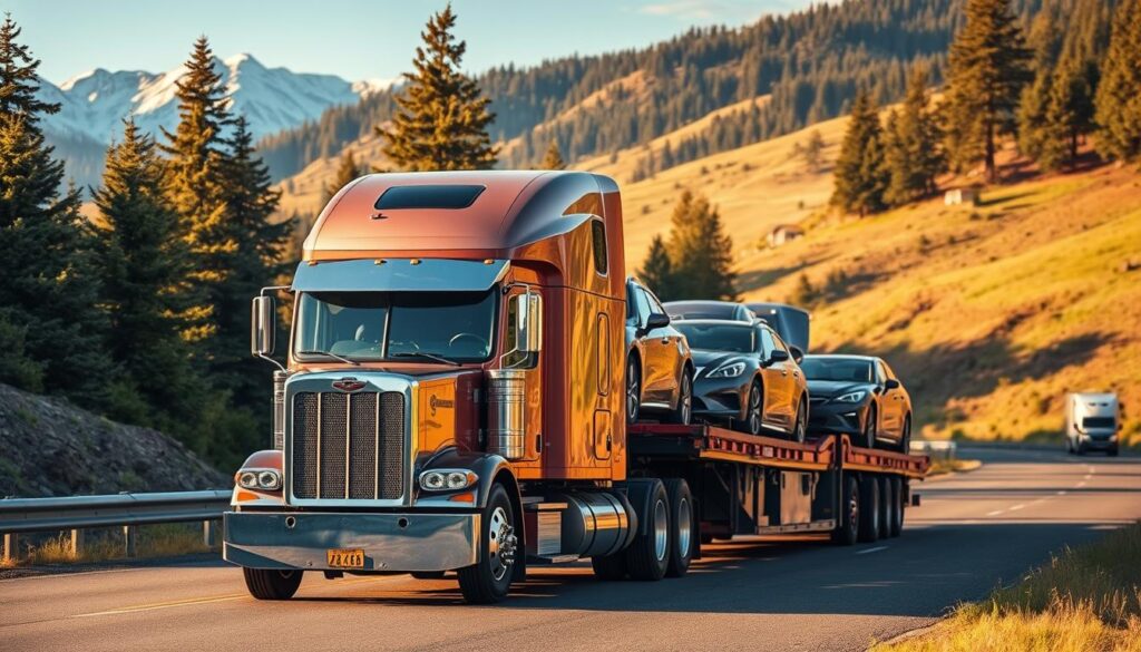 A well-maintained semi-truck hauling multiple cars on a secure vehicle transport trailer, traveling down a scenic highway through the lush, rolling hills of Klamath Falls, Oregon. The truck's chrome accents glisten in the warm, golden-hour sunlight as it navigates the winding road, surrounded by towering pine trees and the distant snow-capped peaks of the Cascade Range. The trailer is equipped with sturdy tie-down straps and safety features, ensuring the safe and efficient delivery of the precious cargo. The overall scene conveys a sense of professionalism, reliability, and the rugged beauty of the Pacific Northwest. A well-maintained semi-truck hauling multiple cars on a secure vehicle transport trailer, traveling down a scenic highway through the lush, rolling hills of Klamath Falls, Oregon. The truck's chrome accents glisten in the warm, golden-hour sunlight as it navigates the winding road, surrounded by towering pine trees and the distant snow-capped peaks of the Cascade Range. The trailer is equipped with sturdy tie-down straps and safety features, ensuring the safe and efficient delivery of the precious cargo. The overall scene conveys a sense of professionalism, reliability, and the rugged beauty of the Pacific Northwest.