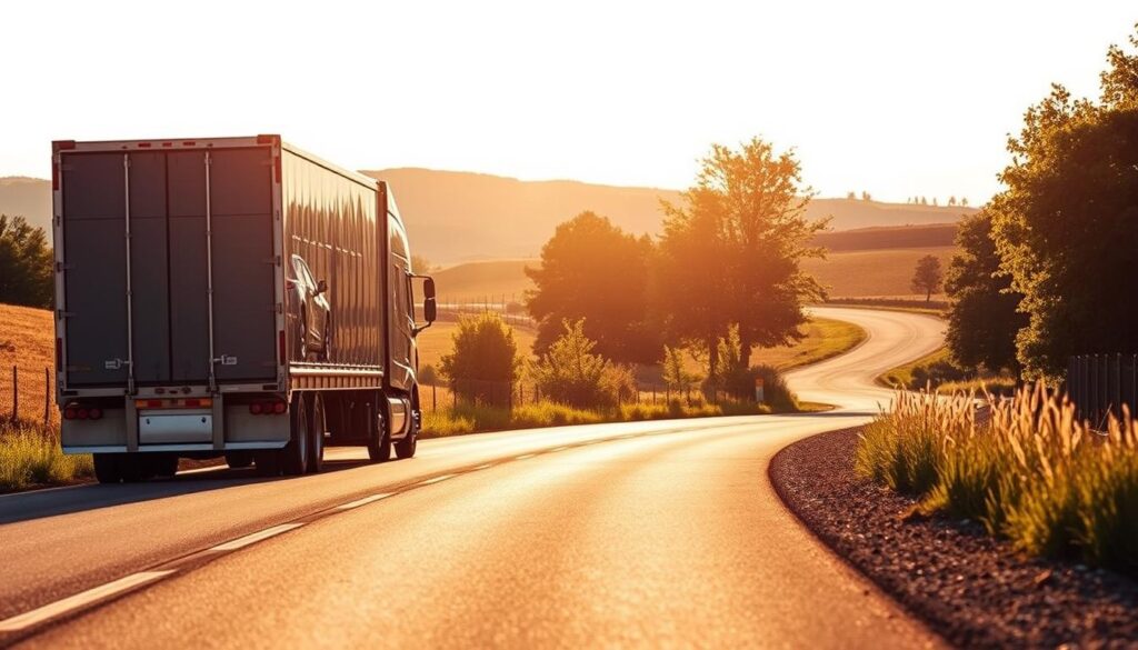 A well-maintained, state-of-the-art auto transport truck, gleaming in the warm afternoon sunlight, gently rolls down a smooth, winding country road. In the foreground, the vehicle's sturdy frame and secure cargo hold stand ready to safely deliver a precious cargo of automobiles. In the middle ground, lush green trees and rolling hills provide a picturesque rural backdrop, conveying a sense of tranquility and reliability. The scene is bathed in a soft, golden glow, creating a welcoming, trustworthy atmosphere for Sweet Home's trusted auto transport service. A well-maintained, state-of-the-art auto transport truck, gleaming in the warm afternoon sunlight, gently rolls down a smooth, winding country road. In the foreground, the vehicle's sturdy frame and secure cargo hold stand ready to safely deliver a precious cargo of automobiles. In the middle ground, lush green trees and rolling hills provide a picturesque rural backdrop, conveying a sense of tranquility and reliability. The scene is bathed in a soft, golden glow, creating a welcoming, trustworthy atmosphere for Sweet Home's trusted auto transport service.