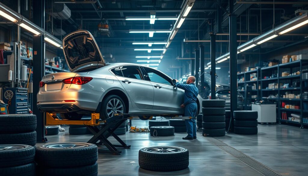 A well-organized automobile service bay, dimly lit with warm industrial lighting. In the foreground, a silver sedan sits on a hydraulic lift, its wheels removed and tires stacked neatly nearby. A mechanic in a blue jumpsuit is inspecting the undercarriage, tools and equipment arranged with precision. In the middle ground, shelves line the walls, stocked with car parts and accessories. The background is hazy, suggesting a sense of activity and bustle, as other technicians work diligently to prepare vehicles for transport. A well-organized automobile service bay, dimly lit with warm industrial lighting. In the foreground, a silver sedan sits on a hydraulic lift, its wheels removed and tires stacked neatly nearby. A mechanic in a blue jumpsuit is inspecting the undercarriage, tools and equipment arranged with precision. In the middle ground, shelves line the walls, stocked with car parts and accessories. The background is hazy, suggesting a sense of activity and bustle, as other technicians work diligently to prepare vehicles for transport.