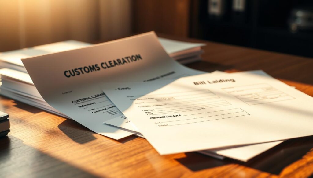A well-organized desk showcasing a stack of official customs clearance documents, including a customs declaration form, a commercial invoice, and a bill of lading. The documents are neatly arranged on a wooden surface, illuminated by warm, directional lighting casting subtle shadows. The background is blurred, creating a sense of focus on the important paperwork. The overall atmosphere conveys a sense of professionalism and attention to detail, reflecting the care and diligence required for successful car shipping and auto transport services. A well-organized desk showcasing a stack of official customs clearance documents, including a customs declaration form, a commercial invoice, and a bill of lading. The documents are neatly arranged on a wooden surface, illuminated by warm, directional lighting casting subtle shadows. The background is blurred, creating a sense of focus on the important paperwork. The overall atmosphere conveys a sense of professionalism and attention to detail, reflecting the care and diligence required for successful car shipping and auto transport services.