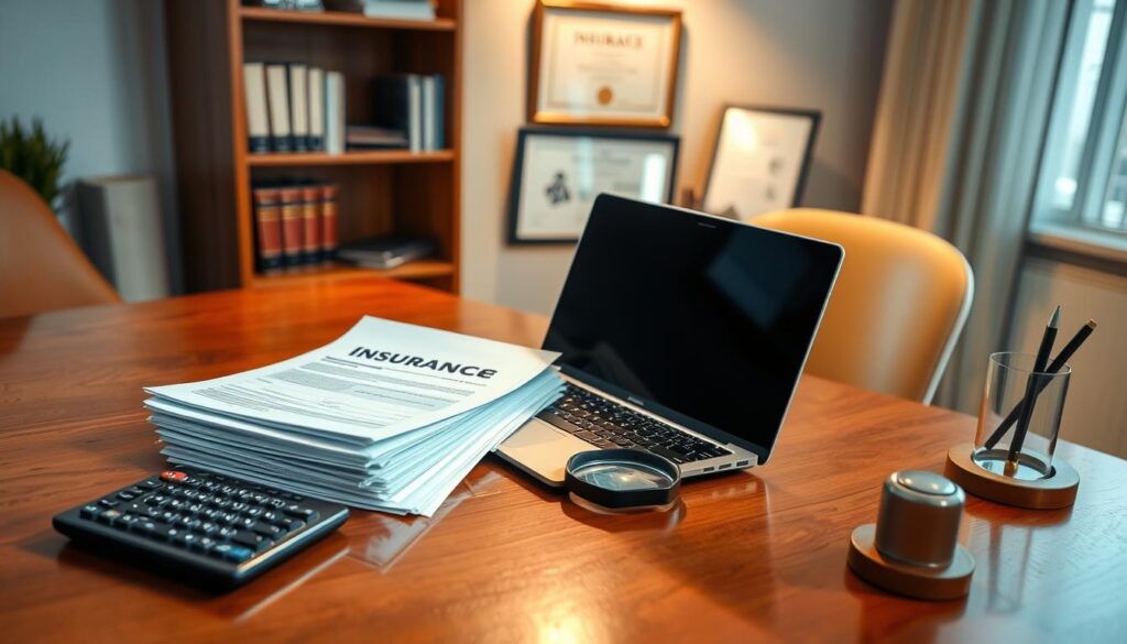 A well-organized office desk featuring an open laptop, a stack of insurance documents, a calculator, a magnifying glass, and a pen holder. The scene is illuminated by warm overhead lighting, casting soft shadows and creating a professional, authoritative atmosphere. In the background, a neatly arranged bookshelf and a framed certificate or award add a touch of credibility. The overall composition conveys a sense of diligence, attention to detail, and a commitment to compliance, insurance, and safety protocols. A well-organized office desk featuring an open laptop, a stack of insurance documents, a calculator, a magnifying glass, and a pen holder. The scene is illuminated by warm overhead lighting, casting soft shadows and creating a professional, authoritative atmosphere. In the background, a neatly arranged bookshelf and a framed certificate or award add a touch of credibility. The overall composition conveys a sense of diligence, attention to detail, and a commitment to compliance, insurance, and safety protocols.