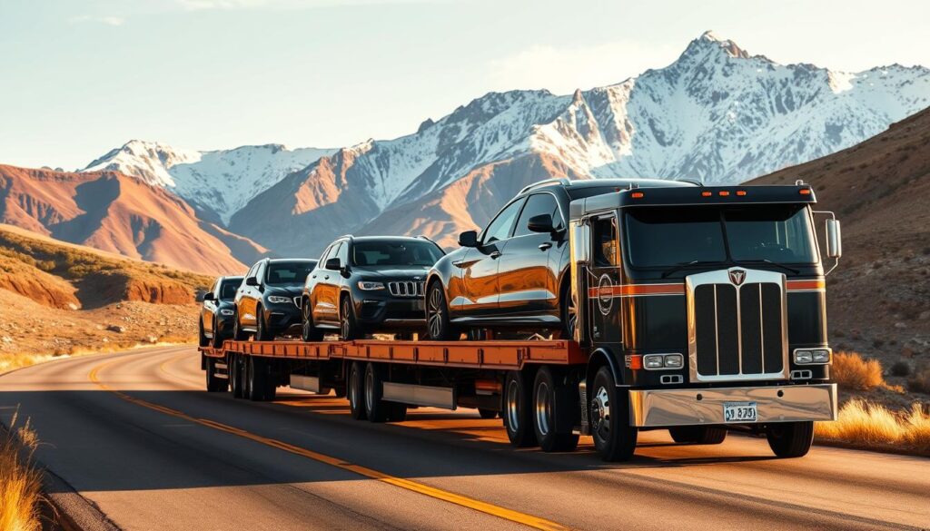 A wide-angle shot of a sturdy car carrier truck transporting a row of shiny, high-end vehicles on the winding roads of Green River, Wyoming. The sun casts warm, golden light across the scene, illuminating the pristine paint jobs and gleaming chrome details. In the background, rugged, snow-capped mountains rise majestically, creating a picturesque, natural backdrop. The truck's trailer is emblazoned with the logo of a reputable, fully-insured auto transport company, conveying a sense of reliability and professionalism. The overall atmosphere exudes an air of security, efficiency, and the scenic beauty of the American West. A wide-angle shot of a sturdy car carrier truck transporting a row of shiny, high-end vehicles on the winding roads of Green River, Wyoming. The sun casts warm, golden light across the scene, illuminating the pristine paint jobs and gleaming chrome details. In the background, rugged, snow-capped mountains rise majestically, creating a picturesque, natural backdrop. The truck's trailer is emblazoned with the logo of a reputable, fully-insured auto transport company, conveying a sense of reliability and professionalism. The overall atmosphere exudes an air of security, efficiency, and the scenic beauty of the American West.
