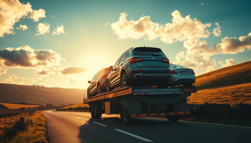 A wide-angle view of an open-air car transport truck, carrying several vehicles on a scenic countryside road. The truck's flatbed platform is raised, exposing the vehicles in a dynamic, wind-swept composition. Warm, golden sunlight filters through scattered clouds, casting dramatic shadows and highlights on the vehicles. The surrounding landscape features rolling hills, lush greenery, and a clear, azure sky, creating a sense of serene, open transport. The truck's proportions and positioning suggest a sense of scale, emphasizing the size and capacity of the open transport solution. A wide-angle view of an open-air car transport truck, carrying several vehicles on a scenic countryside road. The truck's flatbed platform is raised, exposing the vehicles in a dynamic, wind-swept composition. Warm, golden sunlight filters through scattered clouds, casting dramatic shadows and highlights on the vehicles. The surrounding landscape features rolling hills, lush greenery, and a clear, azure sky, creating a sense of serene, open transport. The truck's proportions and positioning suggest a sense of scale, emphasizing the size and capacity of the open transport solution.