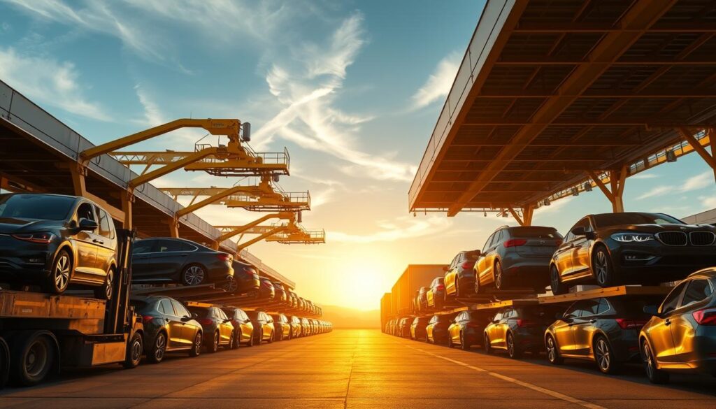 A wide open-air cargo yard, with rows of shiny new cars awaiting transportation. Gantry cranes and forklifts efficiently move vehicles onto specialized auto-carrier trucks, their ramps extended to load the cars. The scene is bathed in warm golden-hour light, creating long shadows that add depth and dimension. In the background, a clear blue sky with wispy clouds completes the picturesque setting. The overall atmosphere conveys a sense of well-oiled logistics, where cars are moved with precision and care, ready to be delivered to their final destinations. A wide open-air cargo yard, with rows of shiny new cars awaiting transportation. Gantry cranes and forklifts efficiently move vehicles onto specialized auto-carrier trucks, their ramps extended to load the cars. The scene is bathed in warm golden-hour light, creating long shadows that add depth and dimension. In the background, a clear blue sky with wispy clouds completes the picturesque setting. The overall atmosphere conveys a sense of well-oiled logistics, where cars are moved with precision and care, ready to be delivered to their final destinations.