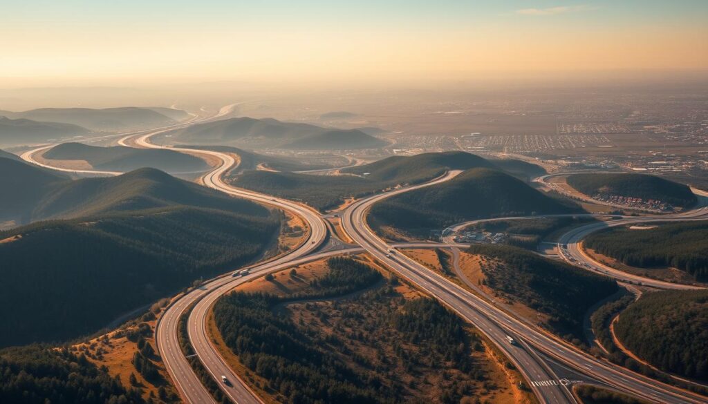 A wide panoramic view of a network of popular car shipping routes, stretching across the American heartland. In the foreground, winding interstate highways cut through rolling hills and lush forests, with the occasional rest stop or truck stop visible. In the middle ground, a tapestry of small towns and bustling cities, each connected by a web of secondary roads. The background fades into the horizon, hazy with the glow of distant metropolitan areas. Warm, golden-hour lighting casts a serene, inviting atmosphere, while a subtle haze of dust and exhaust lends a sense of motion and activity to the scene. The overall composition conveys a sense of interconnectedness, highlighting the comprehensive nationwide coverage of Cortland's car shipping solutions. A wide panoramic view of a network of popular car shipping routes, stretching across the American heartland. In the foreground, winding interstate highways cut through rolling hills and lush forests, with the occasional rest stop or truck stop visible. In the middle ground, a tapestry of small towns and bustling cities, each connected by a web of secondary roads. The background fades into the horizon, hazy with the glow of distant metropolitan areas. Warm, golden-hour lighting casts a serene, inviting atmosphere, while a subtle haze of dust and exhaust lends a sense of motion and activity to the scene. The overall composition conveys a sense of interconnectedness, highlighting the comprehensive nationwide coverage of Cortland's car shipping solutions.