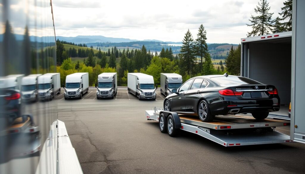 A wide, well-lit view of a professional vehicle transport service lot, featuring a fleet of specialized car hauling trucks and trailers. In the foreground, a sleek, shiny sedan is being loaded onto a trailer with great care, showcasing the expertise and attention to detail of the transport crew. The middle ground is occupied by several different sized transport vehicles, each meticulously maintained and ready for their next delivery. The background depicts a scenic Pacific Northwest landscape, with rolling hills, tall trees, and a glimpse of the Columbia River, creating a serene and trustworthy atmosphere. The lighting is soft and natural, highlighting the high-quality equipment and the professionalism of the transport operation. A wide, well-lit view of a professional vehicle transport service lot, featuring a fleet of specialized car hauling trucks and trailers. In the foreground, a sleek, shiny sedan is being loaded onto a trailer with great care, showcasing the expertise and attention to detail of the transport crew. The middle ground is occupied by several different sized transport vehicles, each meticulously maintained and ready for their next delivery. The background depicts a scenic Pacific Northwest landscape, with rolling hills, tall trees, and a glimpse of the Columbia River, creating a serene and trustworthy atmosphere. The lighting is soft and natural, highlighting the high-quality equipment and the professionalism of the transport operation.