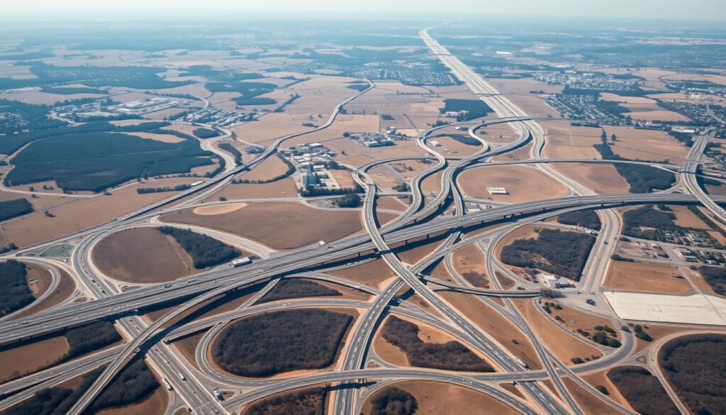 An aerial view of a comprehensive highway network, showcasing popular routes and nationwide coverage from central New York. A vast expanse of interconnected roads and highways in muted tones, winding through rolling hills and diverse landscapes. In the foreground, a series of major interstate arteries converge, creating a sense of strategic connectivity. The middle ground features state and county roads branching out, linking smaller towns and cities. In the background, a hazy horizon suggests the far-reaching nature of this transportation system. Soft, diffused lighting illuminates the scene, conveying a sense of reliability and dependability. The image should evoke a feeling of efficient, well-planned logistics for car shipping and auto transport solutions. An aerial view of a comprehensive highway network, showcasing popular routes and nationwide coverage from central New York. A vast expanse of interconnected roads and highways in muted tones, winding through rolling hills and diverse landscapes. In the foreground, a series of major interstate arteries converge, creating a sense of strategic connectivity. The middle ground features state and county roads branching out, linking smaller towns and cities. In the background, a hazy horizon suggests the far-reaching nature of this transportation system. Soft, diffused lighting illuminates the scene, conveying a sense of reliability and dependability. The image should evoke a feeling of efficient, well-planned logistics for car shipping and auto transport solutions.