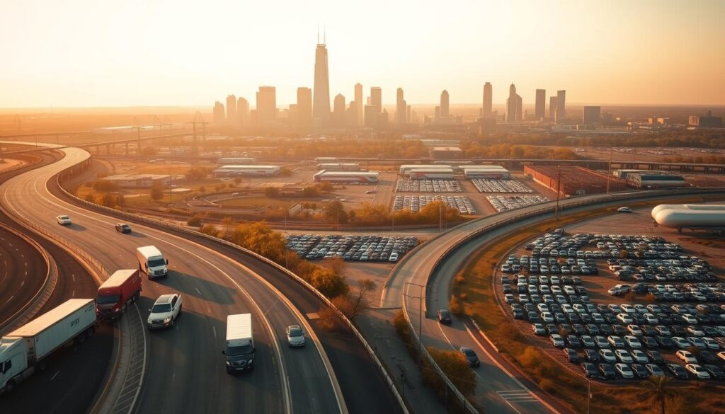 An aerial view of a network of car shipping routes converging on Oklahoma City, the bustling transportation hub. In the foreground, heavy-duty car carriers traverse winding highways, their cargo of gleaming vehicles ready for delivery. In the middle ground, storage lots dotted with rows of cars await their next leg of the journey. The background is dominated by the city's skyline, its skyscrapers and infrastructure symbolizing the efficient logistics that power the car shipping industry. The scene is bathed in warm, golden light, conveying a sense of productivity and reliability associated with the auto transport services serving the local and long-distance routes from Fulton. An aerial view of a network of car shipping routes converging on Oklahoma City, the bustling transportation hub. In the foreground, heavy-duty car carriers traverse winding highways, their cargo of gleaming vehicles ready for delivery. In the middle ground, storage lots dotted with rows of cars await their next leg of the journey. The background is dominated by the city's skyline, its skyscrapers and infrastructure symbolizing the efficient logistics that power the car shipping industry. The scene is bathed in warm, golden light, conveying a sense of productivity and reliability associated with the auto transport services serving the local and long-distance routes from Fulton.